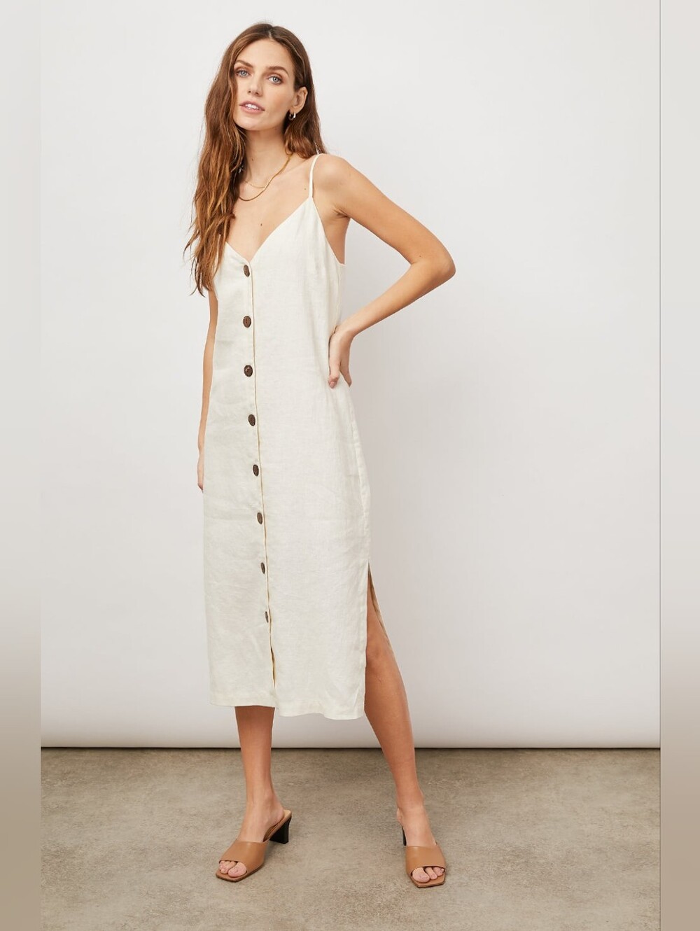Rails Cream Button Front Linen Midi Dress S